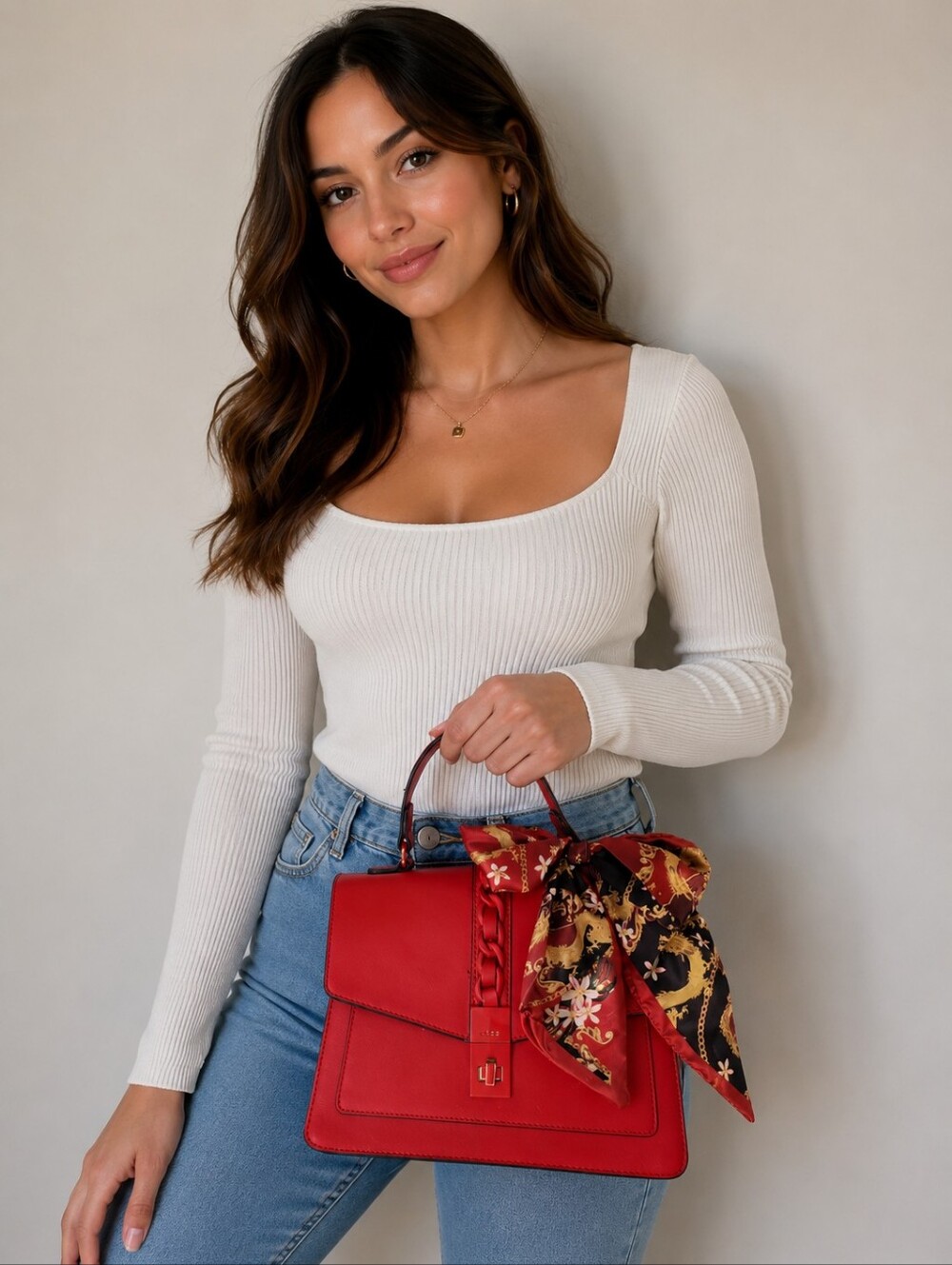ALDO Red Top-Handle Satchel with Decorative Scarf